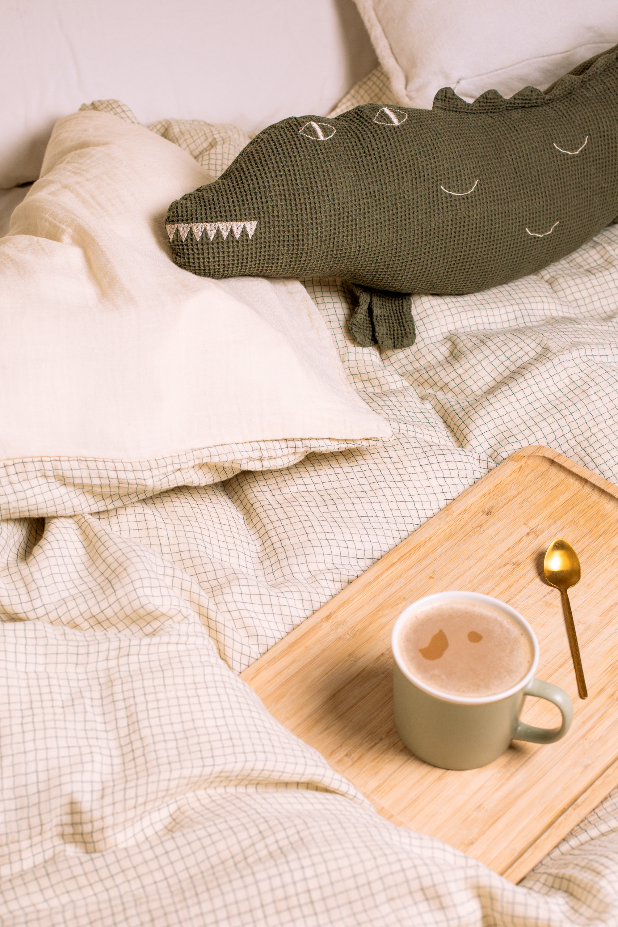 Embroidered Crocodile Cushion in Washed Cotton Wabi-Sabi